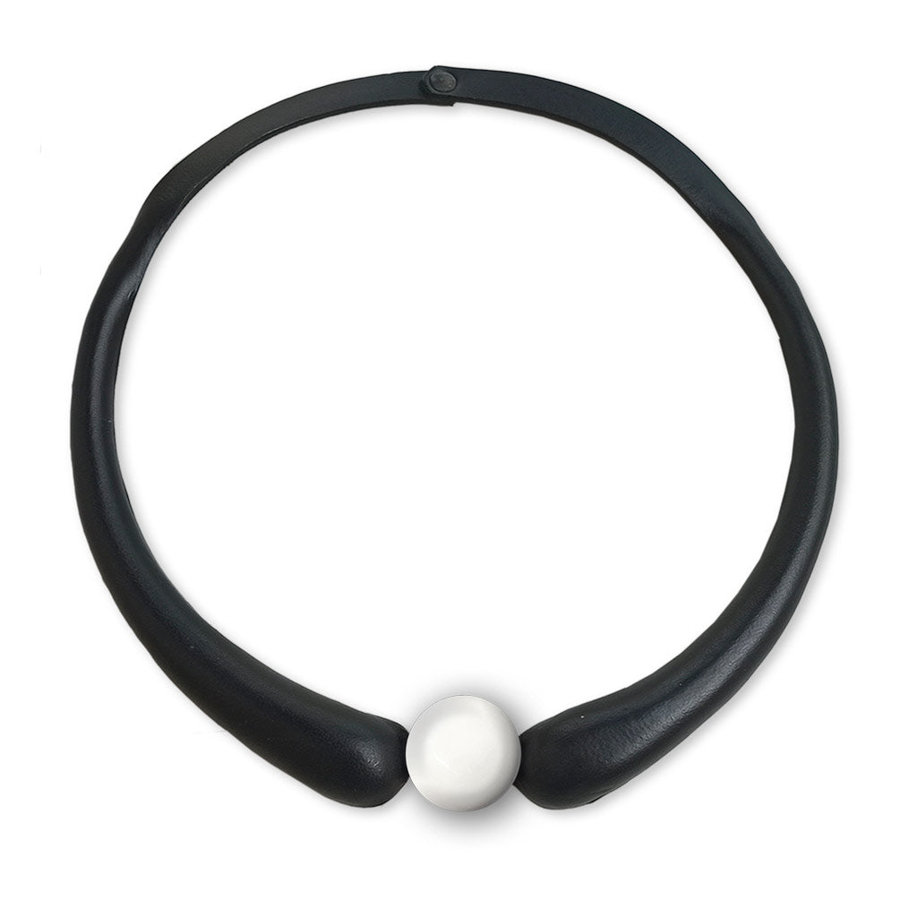 Black Embossed Leather Necklace + Little Ceramic Button