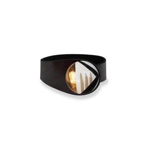 Deep Black Leather Bracelet + White Deco Lines Ceramic Button