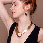 Load image into Gallery viewer, Gold Glittering Leather Necklace + Ceramic Button
