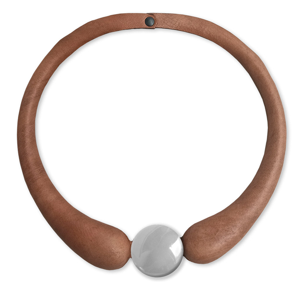 Beige Embossed Leather Necklace + Ceramic Button