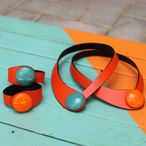 Orange Leather Necklace + Ceramic Button