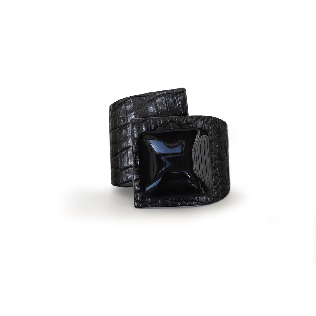 Squared Button, Crossed Bracelet, Crocodile Printed Leather