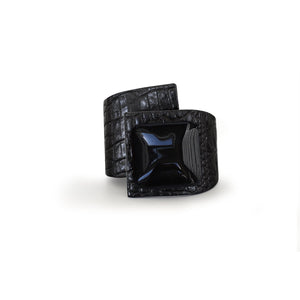 Squared Button, Crossed Bracelet, Crocodile Printed Leather