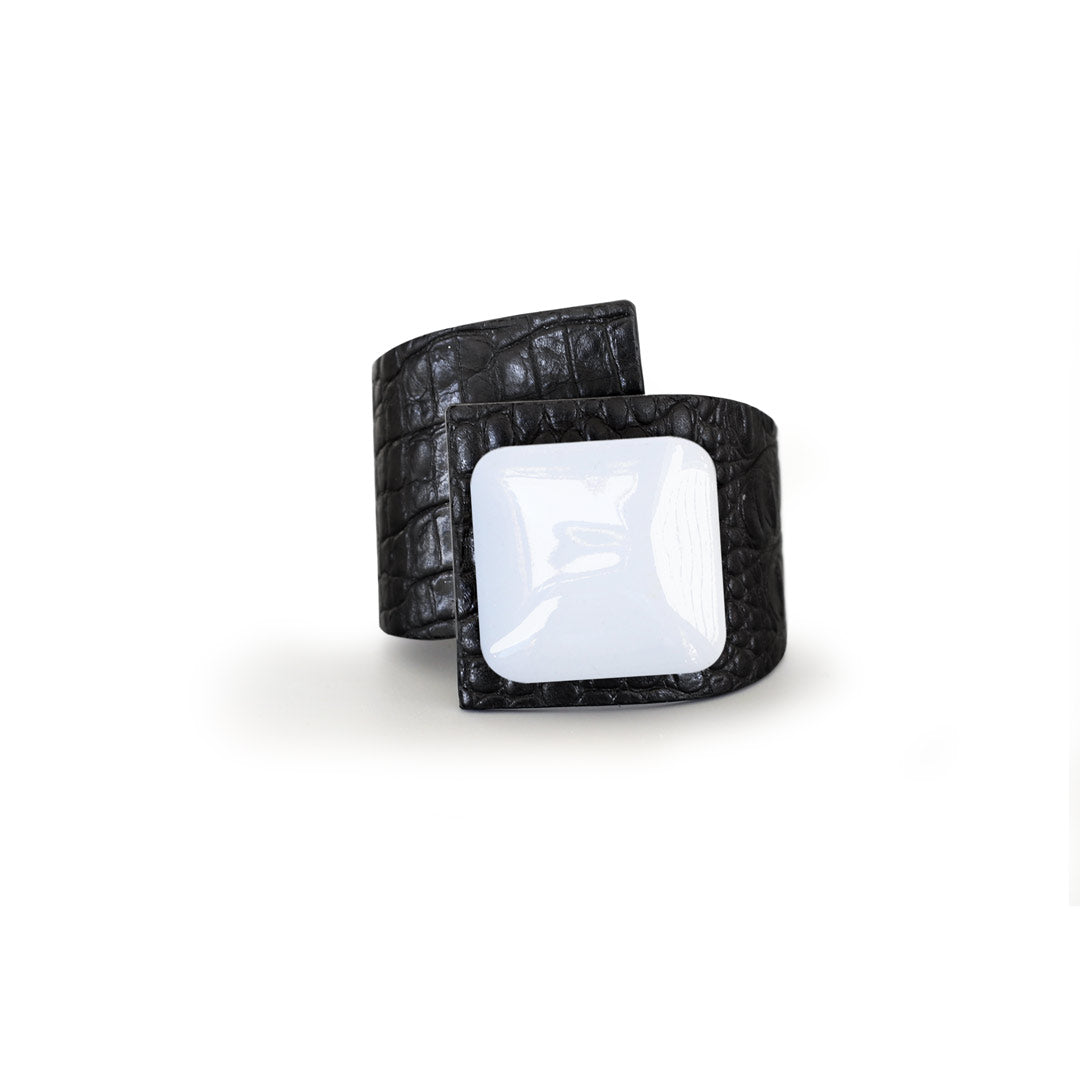 Squared Button, Crossed Bracelet, Crocodile Printed Leather