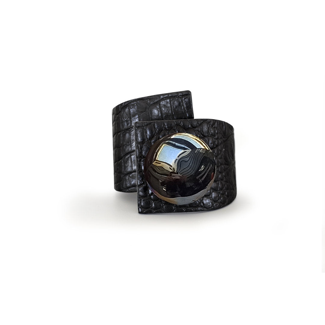 Squared Button, Crossed Bracelet, Crocodile Printed Leather