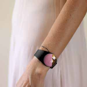 Deep Black Leather Bracelet + Pink&Gold Ceramic Button