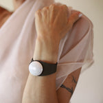 Load image into Gallery viewer, Deep Black Leather Bracelet + White Nacre Ceramic Button
