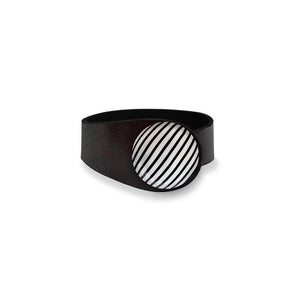 Deep Black Leather Bracelet + B&W Stripes Ceramic Button