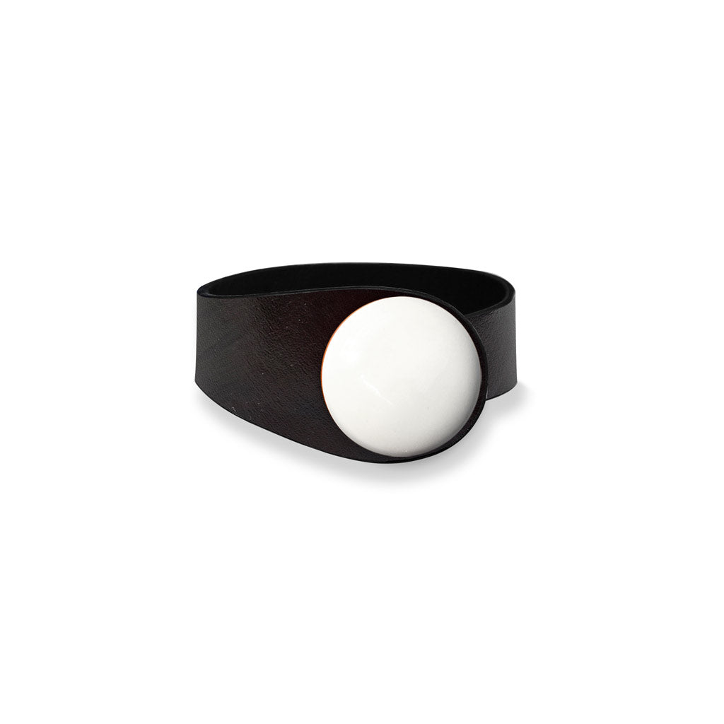Deep Black Leather Bracelet + White Ceramic Button