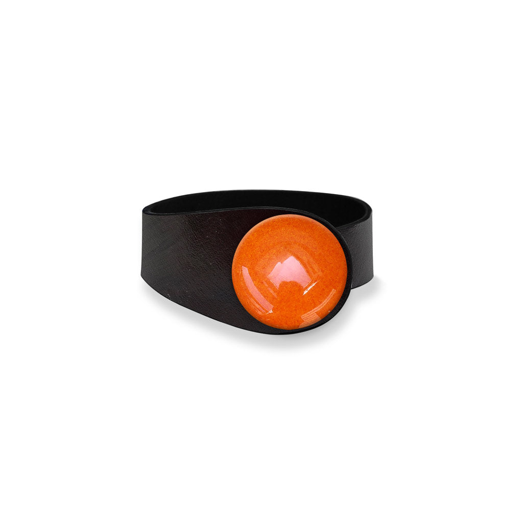 Deep Black Leather Bracelet + Orange Ceramic Button