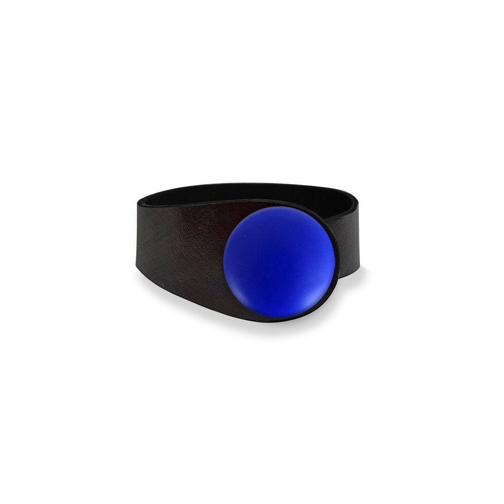Deep Black Leather Bracelet + Satin Blue Ceramic Button