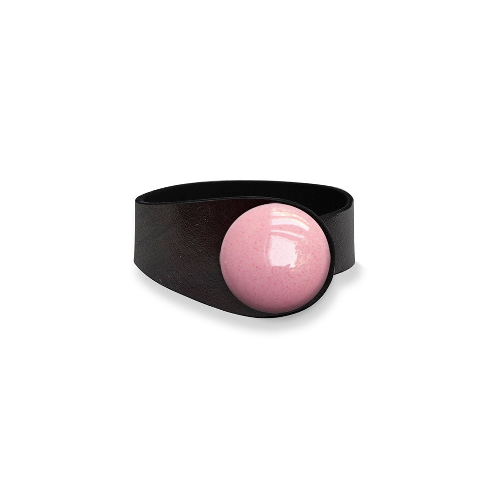 Deep Black Leather Bracelet + Pink Ceramic Button