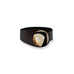 Deep Black Leather Bracelet +Beige Deco Ceramic Button