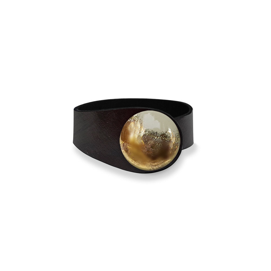 Deep Black Leather Bracelet + Beige&Gold Ceramic Button