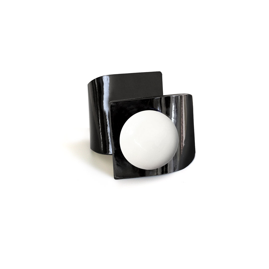 Metal Button, Crossed Bracelet, Bright Black Leather