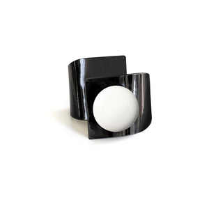 Metal Button, Crossed Bracelet, Bright Black Leather