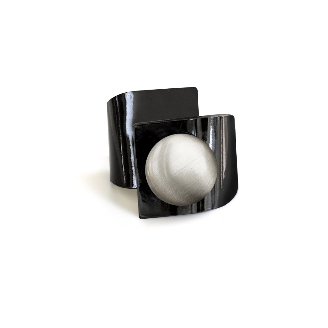 Metal Button, Crossed Bracelet, Bright Black Leather