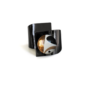 Metal Button, Crossed Bracelet, Bright Black Leather