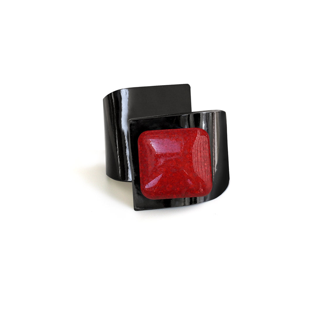 Metal Button, Crossed Bracelet, Bright Black Leather