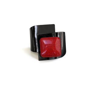 Metal Button, Crossed Bracelet, Bright Black Leather