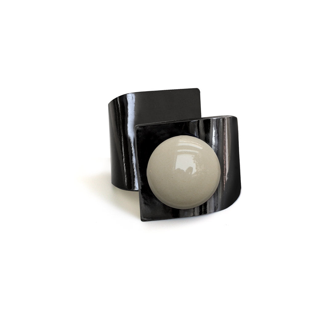 Metal Button, Crossed Bracelet, Bright Black Leather