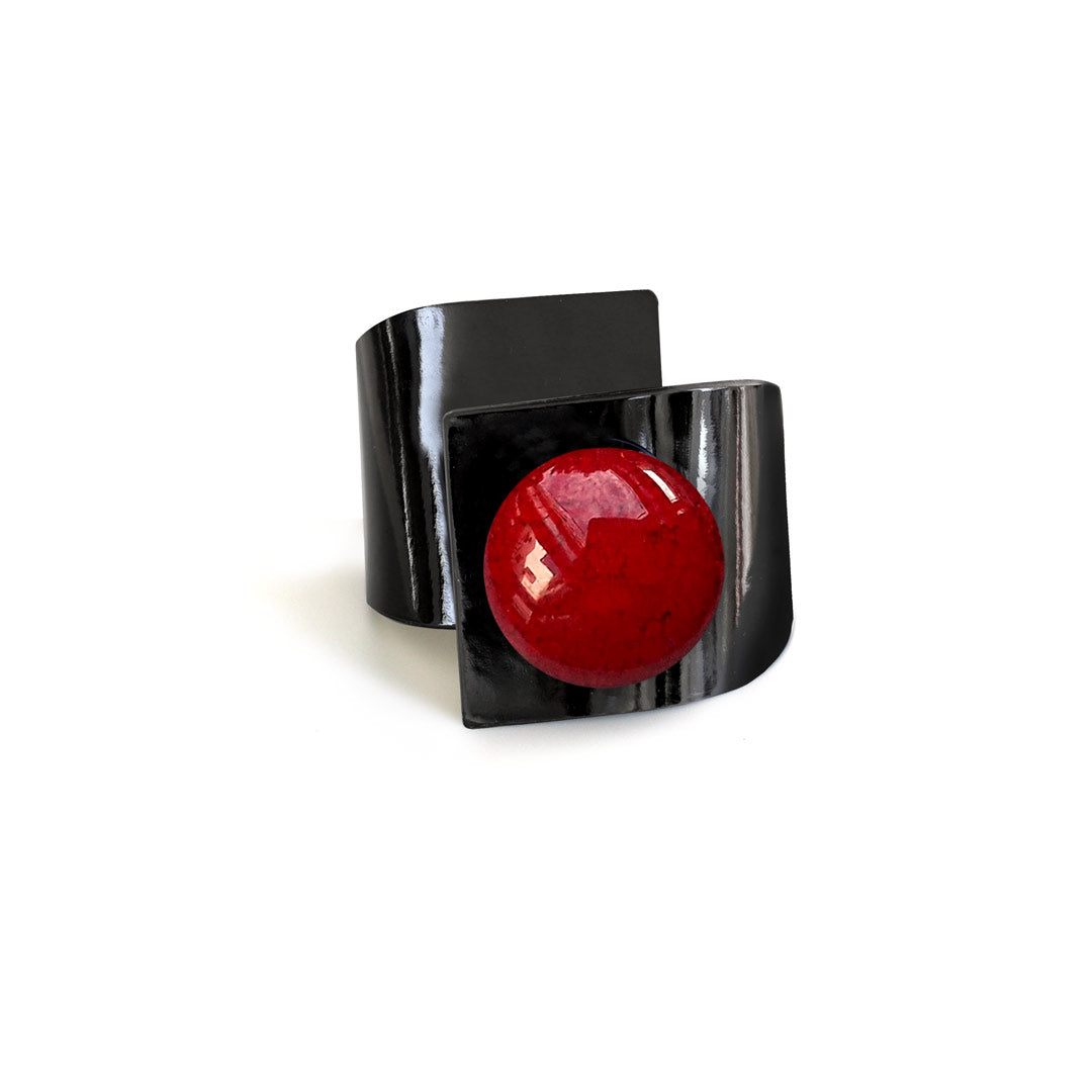 Metal Button, Crossed Bracelet, Bright Black Leather