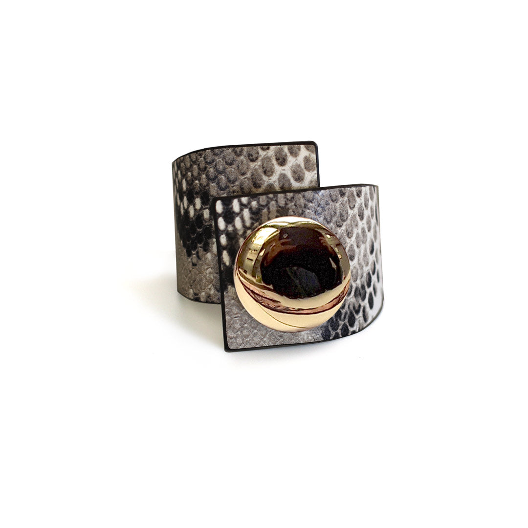 Metal Button, Crossed Bracelet, Grey Snake Printed Leather