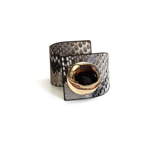Metal Button, Crossed Bracelet, Grey Snake Printed Leather