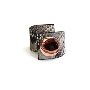 Squared Button, Crossed Bracelet, Grey Snake Printed Leather