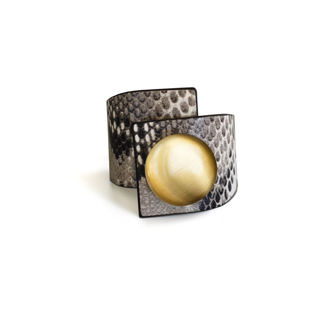 Ceramic Button, Crossed Bracelet, Grey Snake Printed Leather