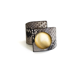 Ceramic Button, Crossed Bracelet, Grey Snake Printed Leather