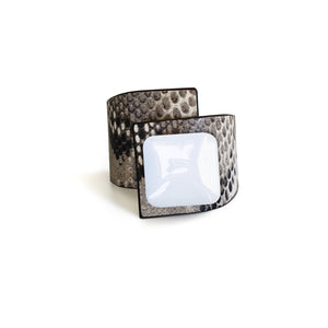 Squared Button, Crossed Bracelet, Grey Snake Printed Leather