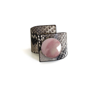Ceramic Button, Crossed Bracelet, Grey Snake Printed Leather