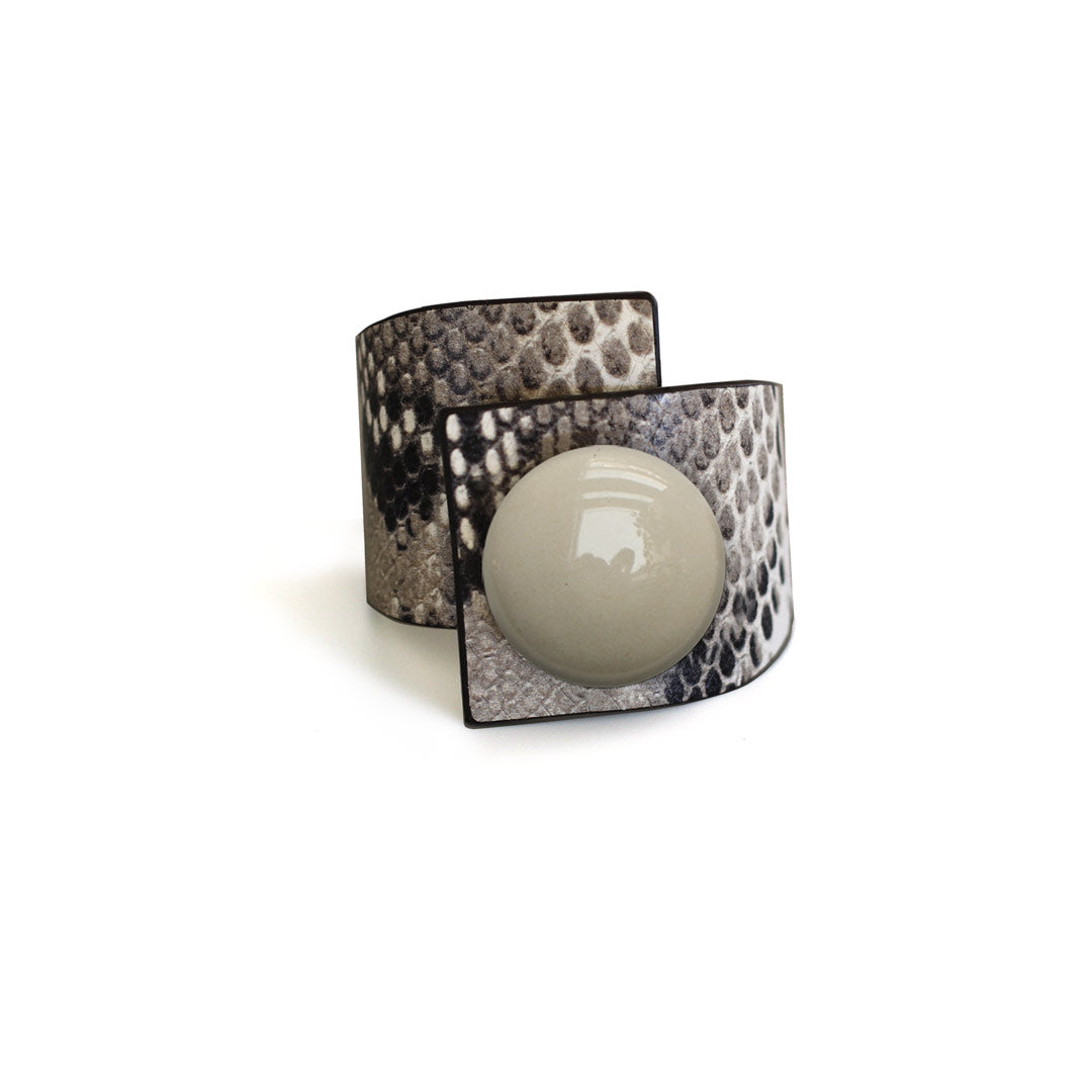 Metal Button, Crossed Bracelet, Grey Snake Printed Leather