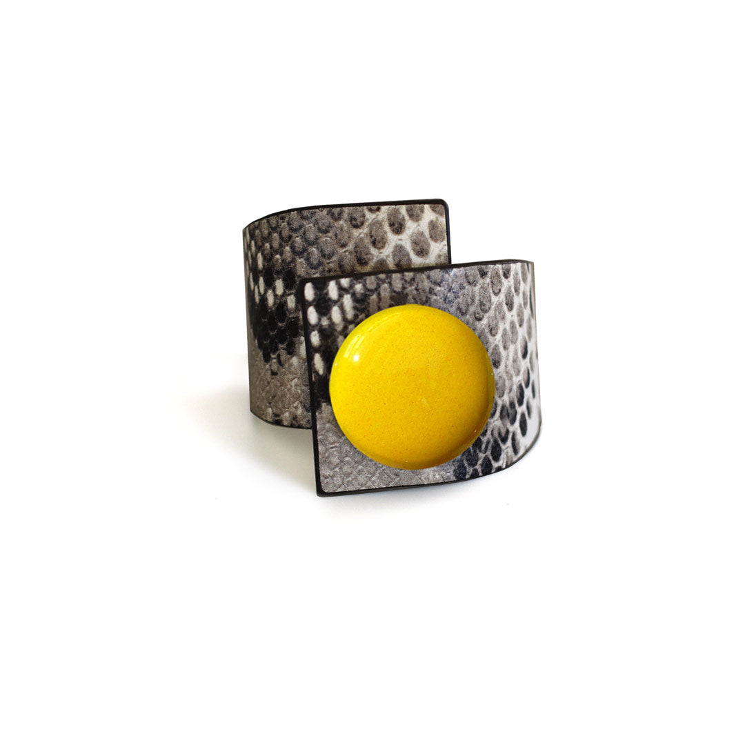 Squared Button, Crossed Bracelet, Grey Snake Printed Leather
