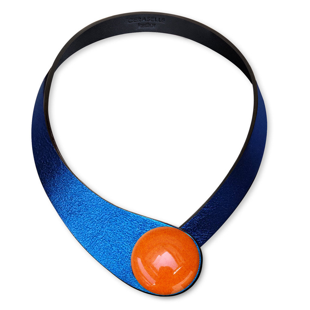 Blue Glittering Leather Necklace+ Ceramic Button
