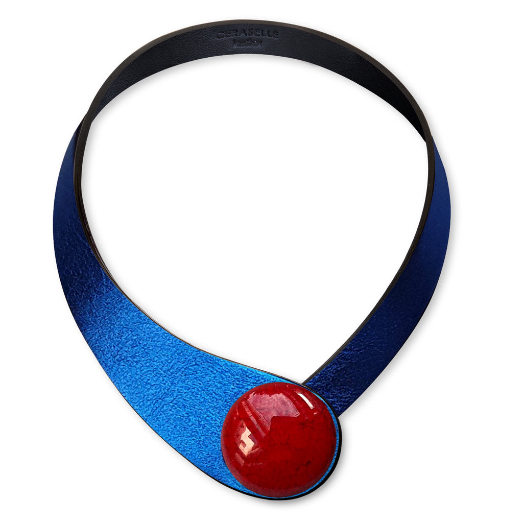 Blue Glittering Leather Necklace+ Ceramic Button