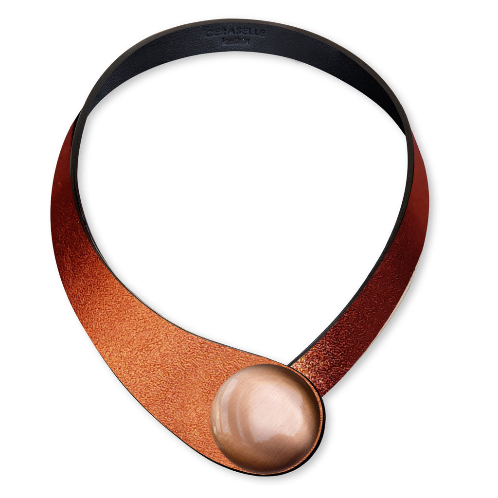 Copper Glittering Leather Necklace + Ceramic Button