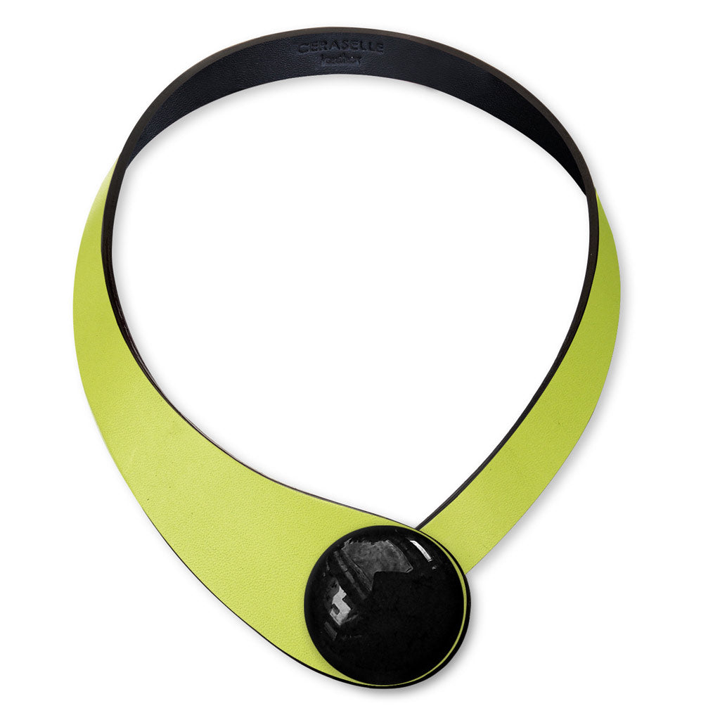 Green Leather Necklace + Ceramic Button