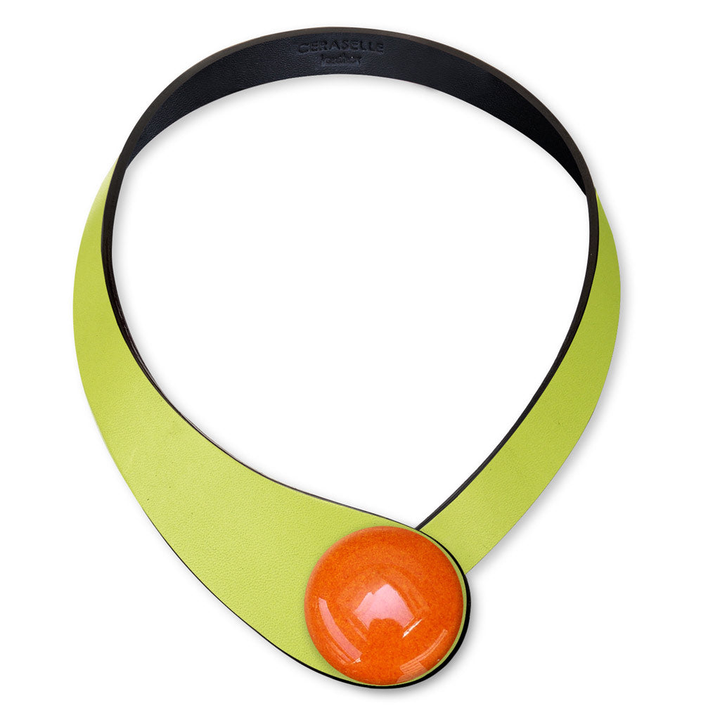 Green Leather Necklace + Ceramic Button