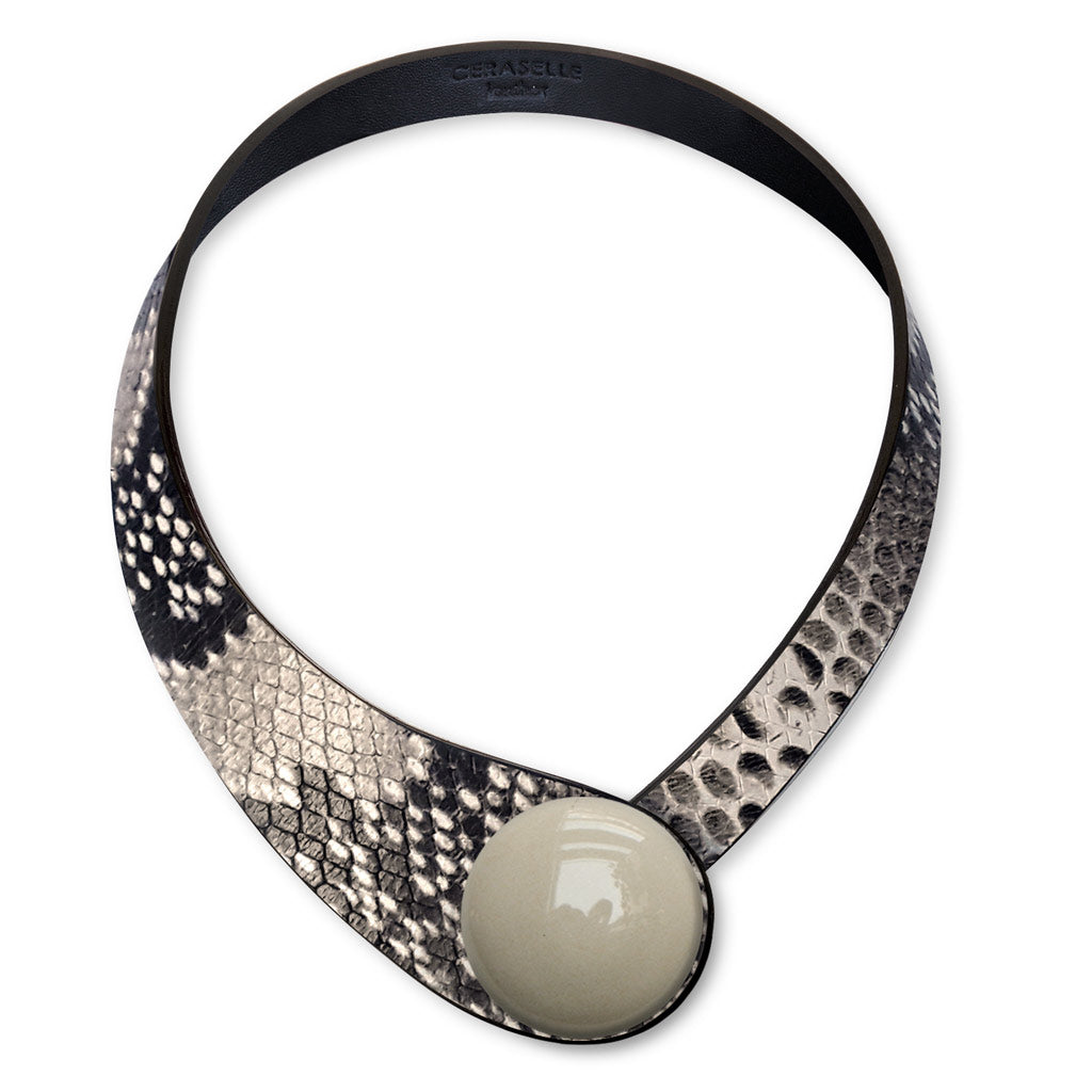 Grey Snake Printed Leather Necklace+ Ceramic Button