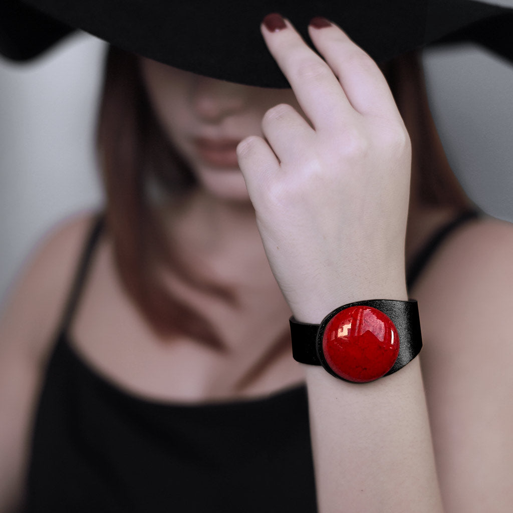 Deep Black Leather Bracelet + Red Ceramic Button