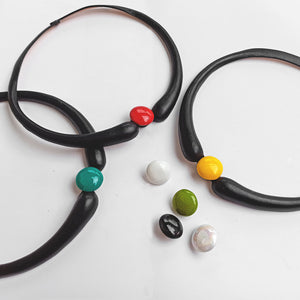 Black Embossed Leather Necklace + Little Ceramic Button
