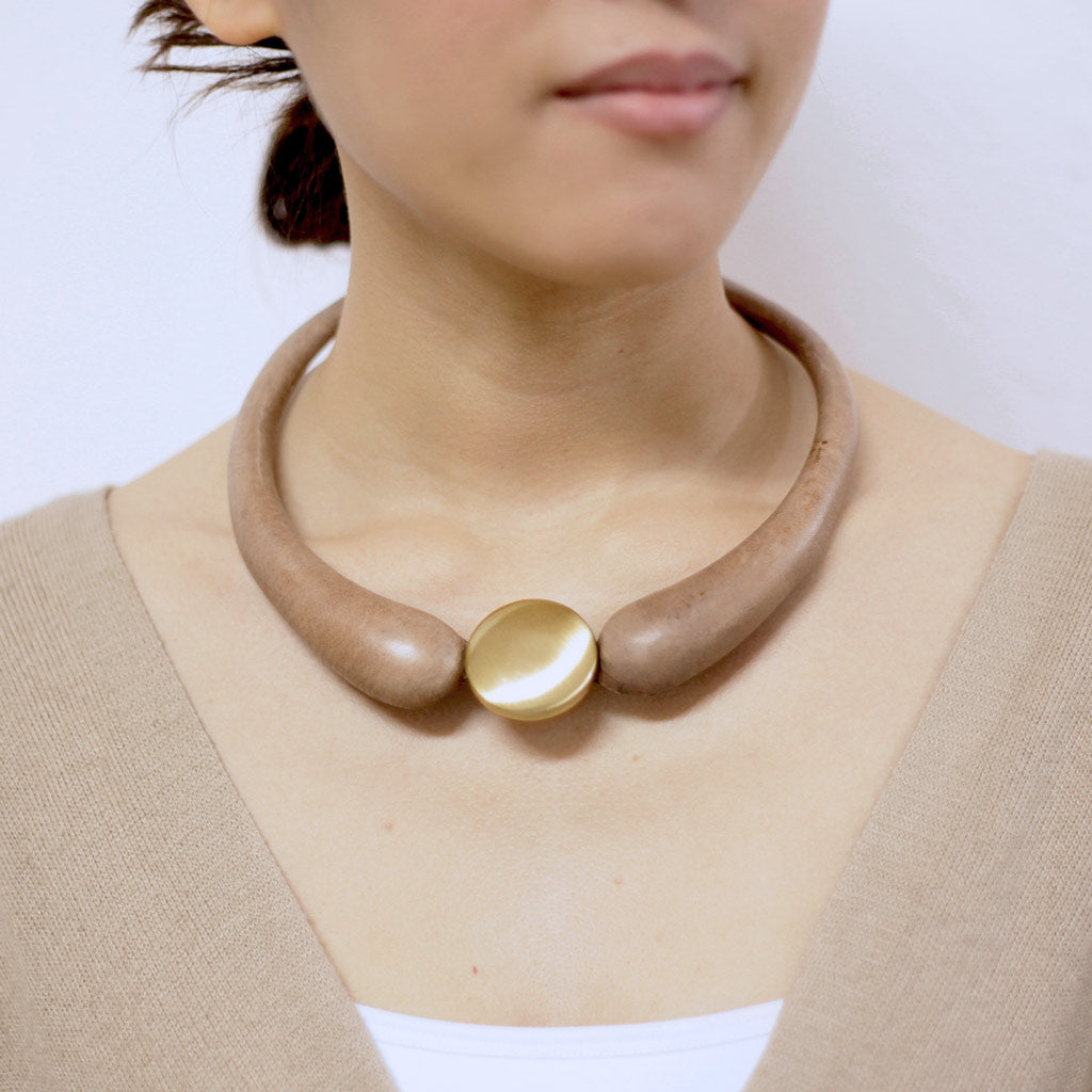 Beige Embossed Leather Necklace + Ceramic Button