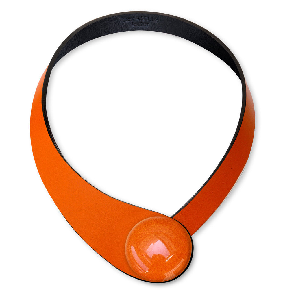 Orange Leather Necklace + Ceramic Button