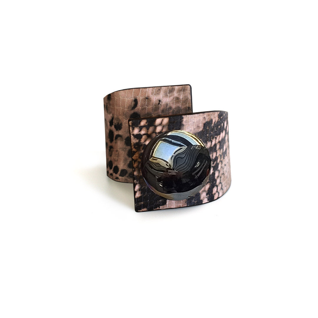 Metal Button, Cross Bracelet, Pink Snake Printed Leather