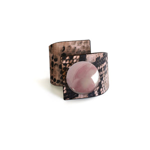 Metal Button, Cross Bracelet, Pink Snake Printed Leather