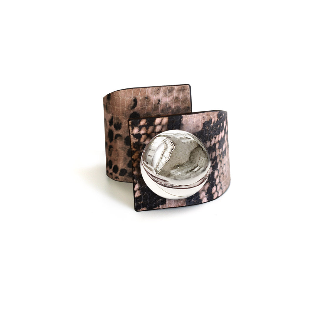 Squared Button, Cross Bracelet, Pink Snake Printed Leather