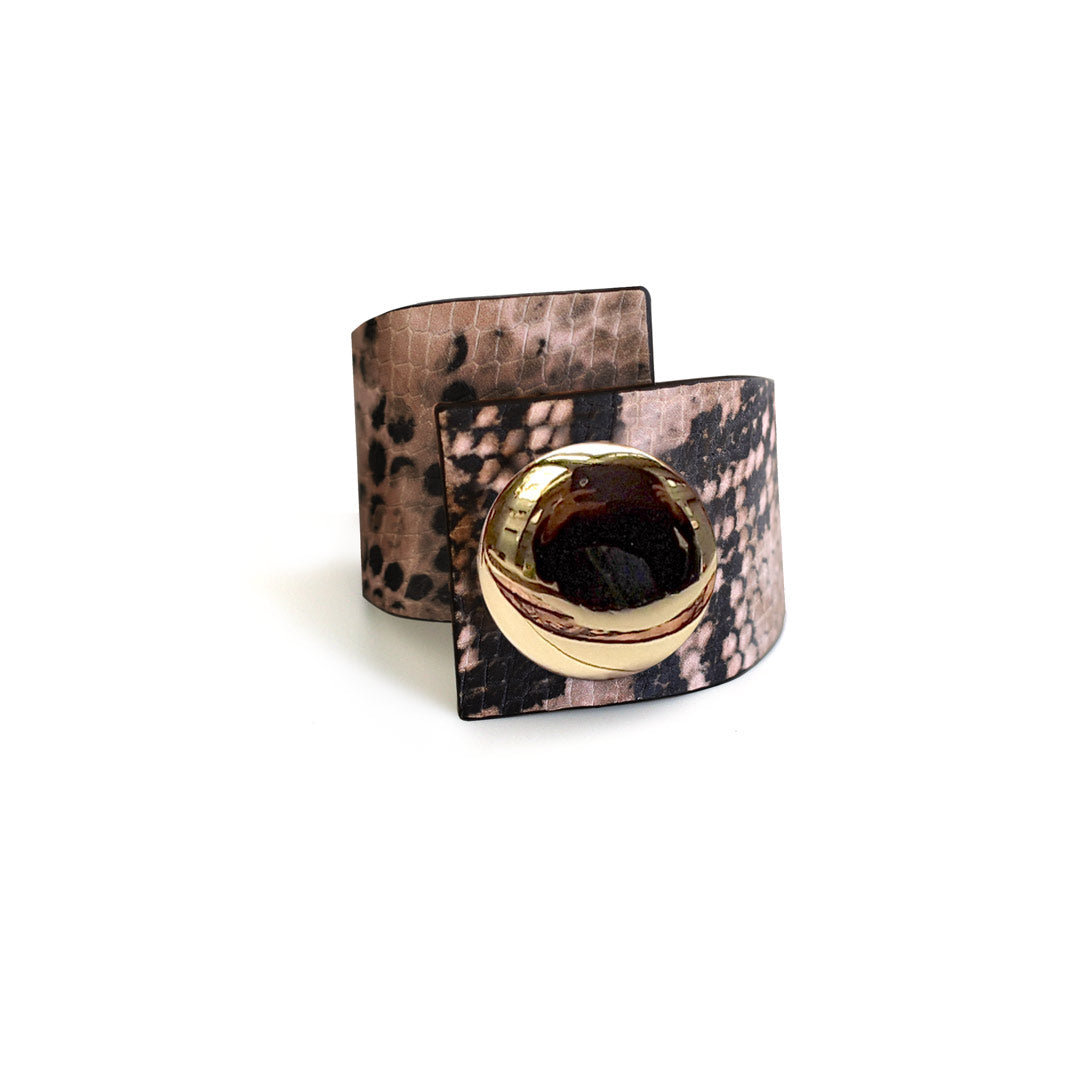 Squared Button, Cross Bracelet, Pink Snake Printed Leather