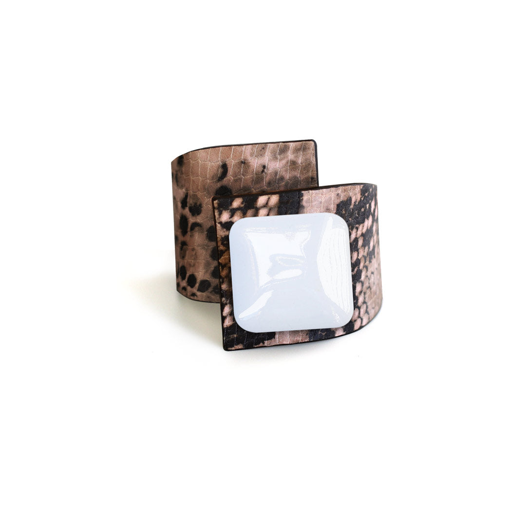 Metal Button, Cross Bracelet, Pink Snake Printed Leather